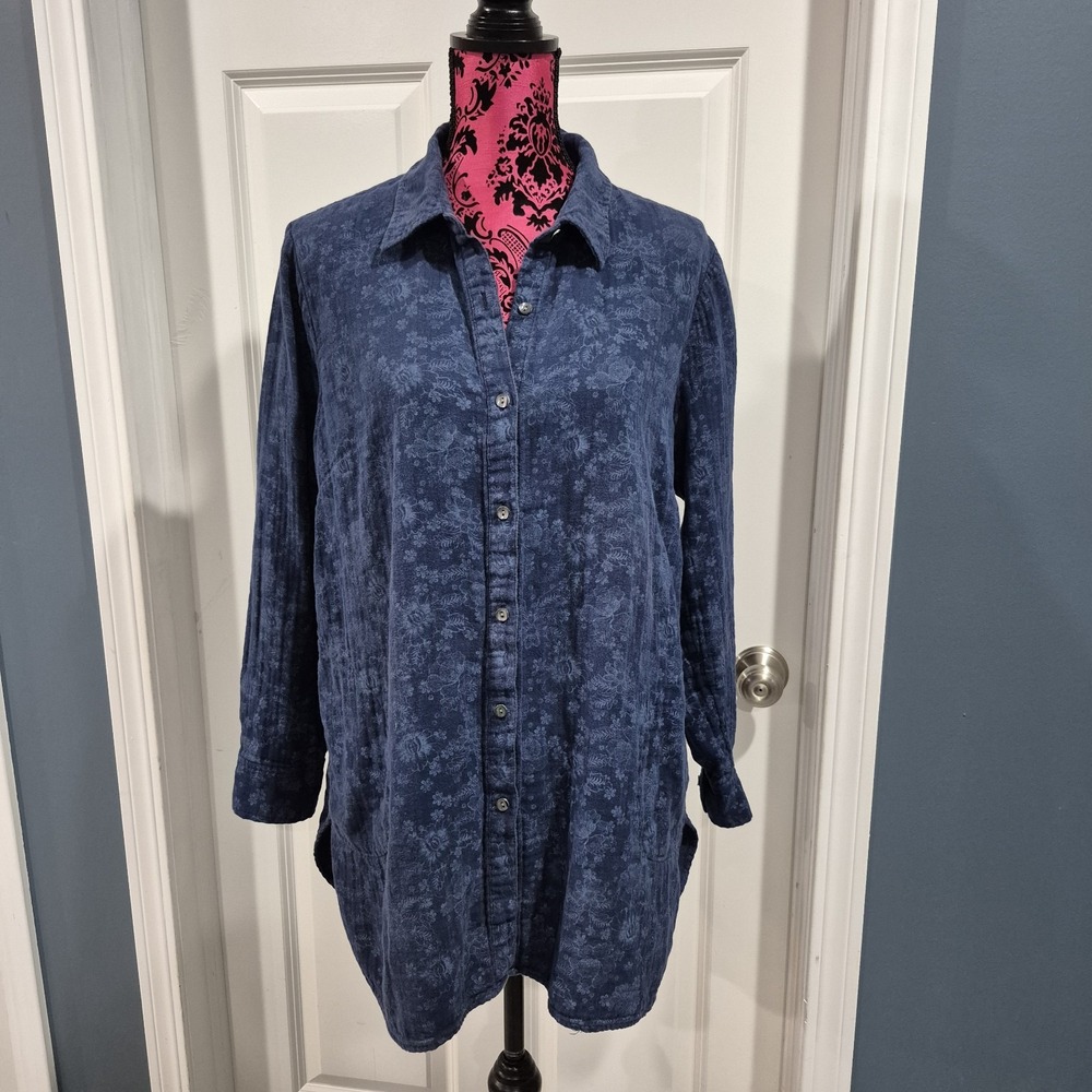 J. Jill Pure Jill Tunic Top Womens Large Blue Floral Button Up Cotton Pockets
